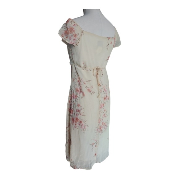 Just Sarah Cream Pink Floral Midi Dress Cap Sleeve Empire Waist Sz 14 - Picture 5 of 7
